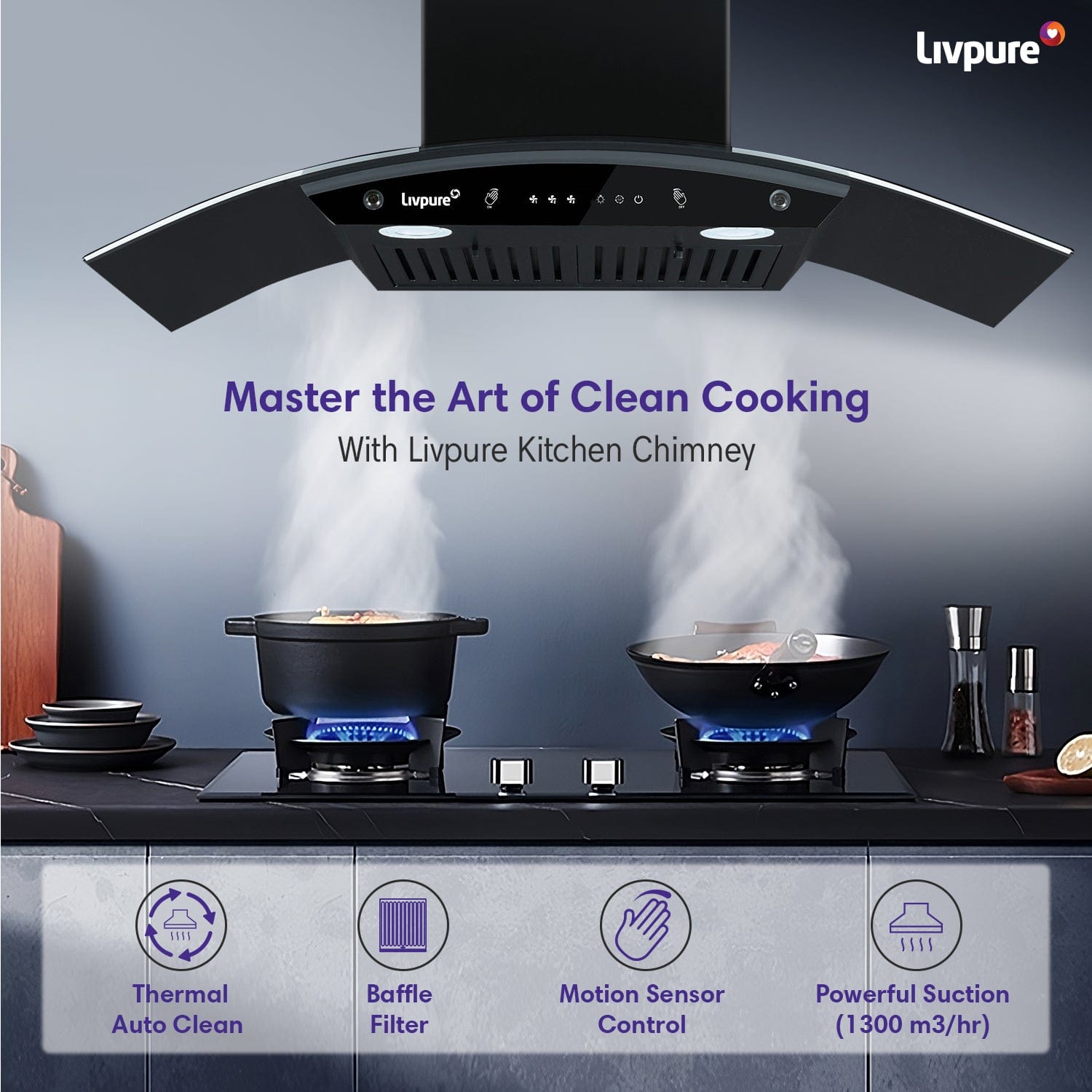 Livpure  Elega-90 Auto Clean Wall Mounted Chimney  (Black 1300 CMH)