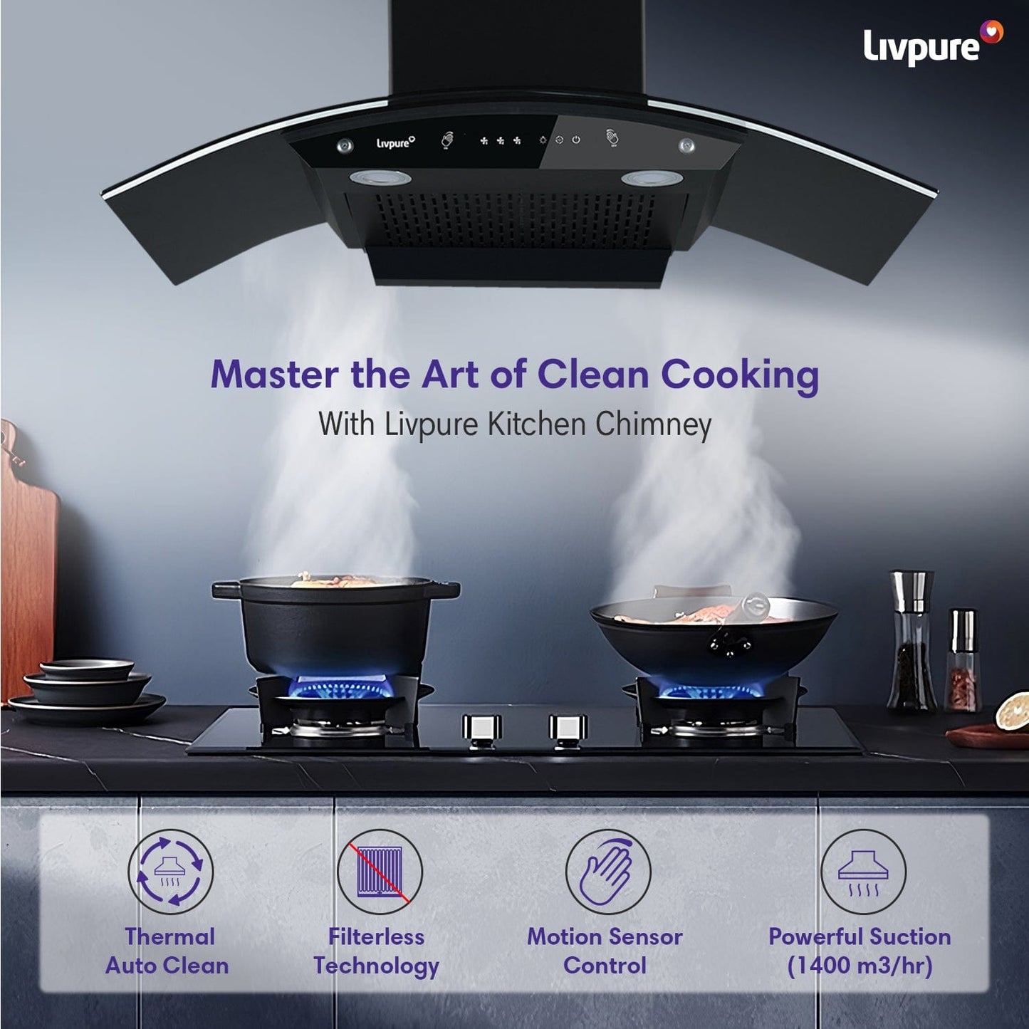 Livpure  Swift-90 Auto Clean Wall Mounted Chimney  (Black 1400 CMH)